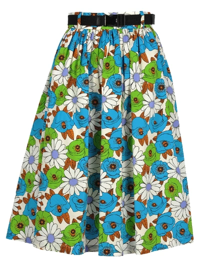 Shop Prada Belted Floral Skirt In Light Blue Print