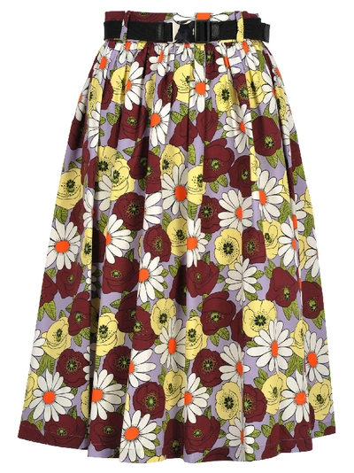 Shop Prada Belted Floral Skirt In Purple Print