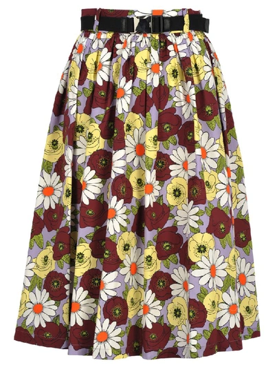 Shop Prada Belted Floral Skirt In Purple Print