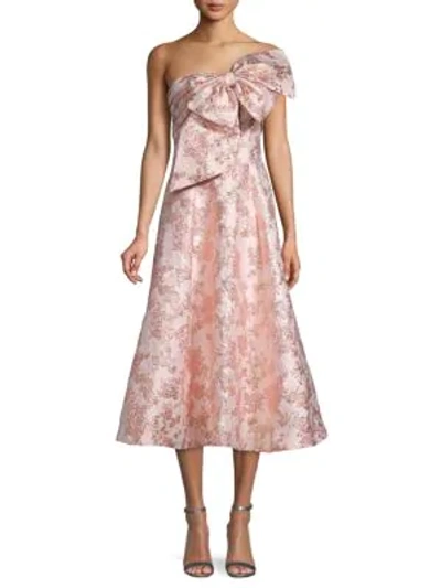 Shop Badgley Mischka Brocade Strapless Midi Dress In Pink