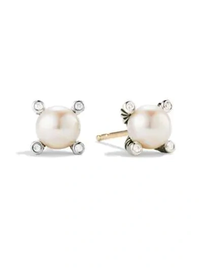 Shop David Yurman Women's Small Pearl Earrings With Diamonds In Silver Gold