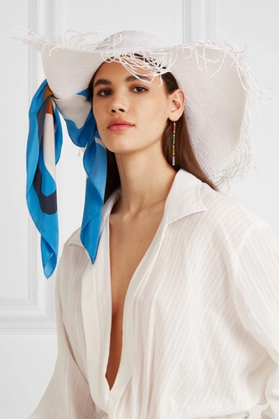 Shop Jacquemus Silk Satin-trimmed Frayed Raffia Hat In White
