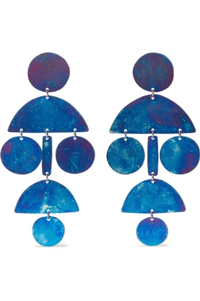 Shop Annie Costello Brown Pom Pom Oxidized Earrings In Blue