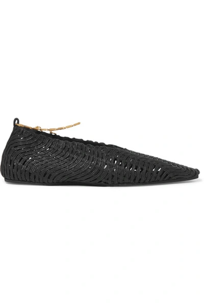 Shop Stella Mccartney Embellished Woven Cotton Point-toe Flats In Black