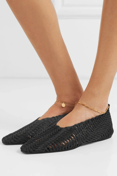 Shop Stella Mccartney Embellished Woven Cotton Point-toe Flats In Black