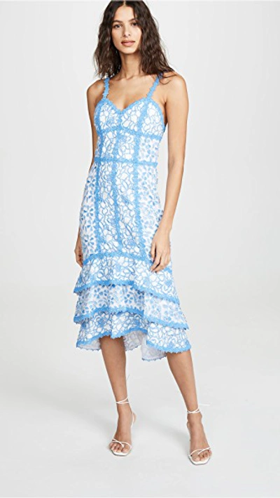 Shop Alice And Olivia Diane Tiered High Low Dress In Cornflower/white