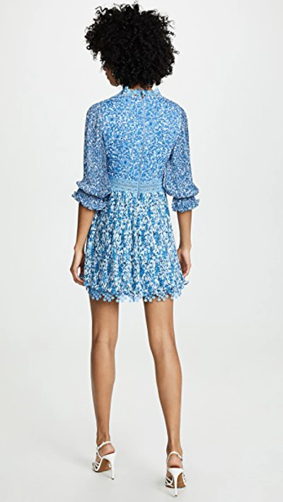 Shop Alice And Olivia Jonna Pleated Deep V Mini Dress In Hepatica Soft White/cornflower