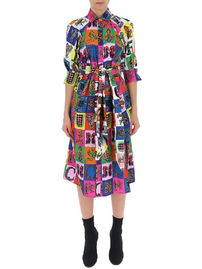 Shop Versace Mixed Print Belted Dress In Multi