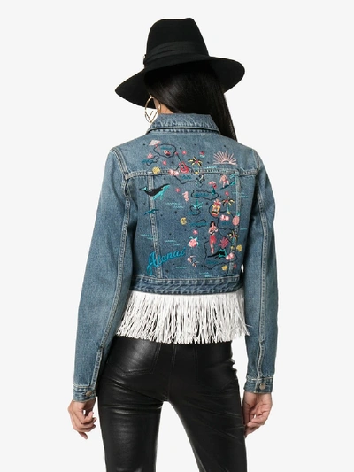 Shop Alanui Hawaii Map-embroidered Fringed Denim Jacket In Blue