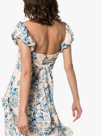 Shop Johanna Ortiz Drapes Of Solitude Floral-print Silk Maxi Dress In Ecru Blue