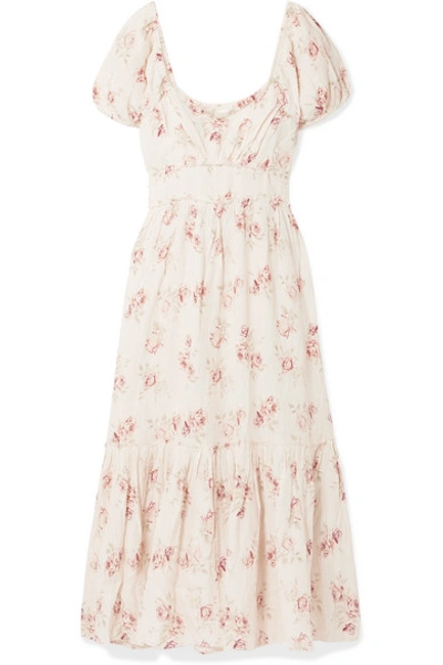 Shop Loveshackfancy Angie Gathered Floral-print Linen Maxi Dress In Cream
