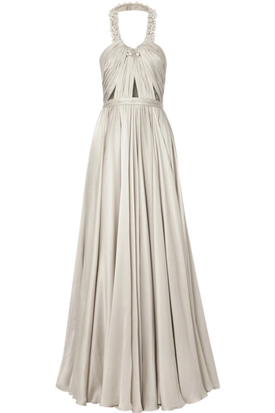 Shop Reem Acra Embellished Ruched Silk-satin Halterneck Gown In Silver