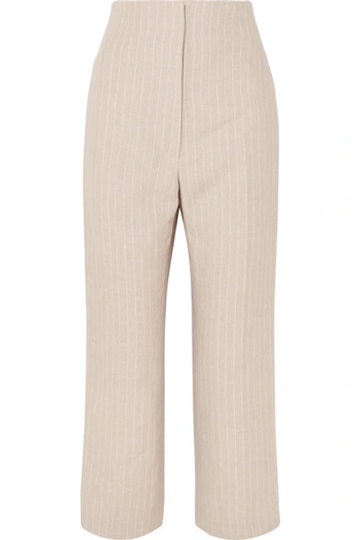 Shop Racil Arthur Pinstriped Linen Straight-leg Pants In Beige