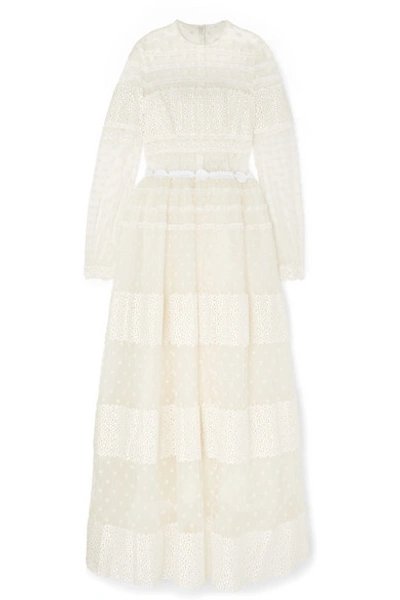 Shop Costarellos Lace-paneled Polka-dot Flocked Tulle Gown In White