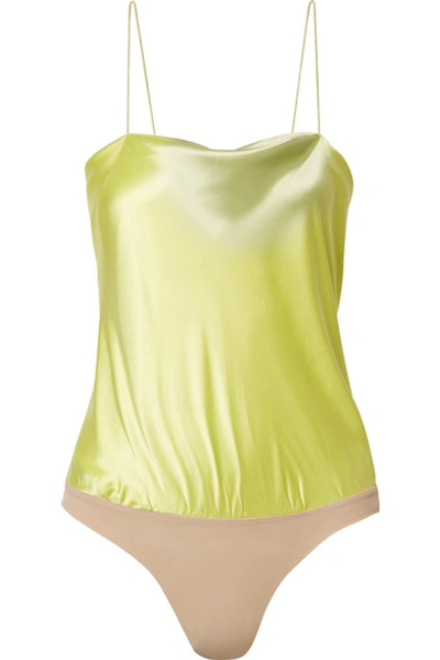 Shop Alix Dean Silk-charmeuse And Stretch-jersey Thong Bodysuit In Chartreuse