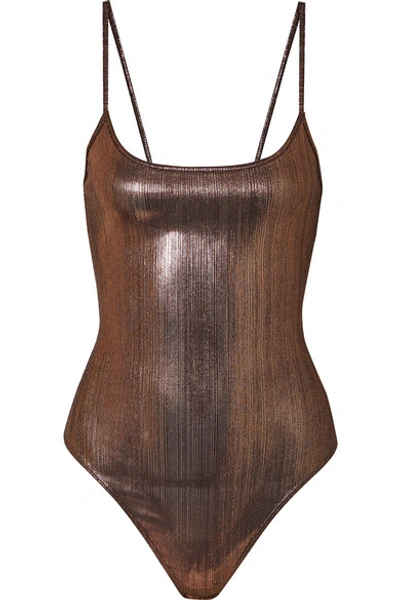 Shop Alix Keen Stretch-lamé Thong Bodysuit In Bronze