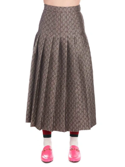 Shop Gucci All Over Logo Pleated Skirt In Brown