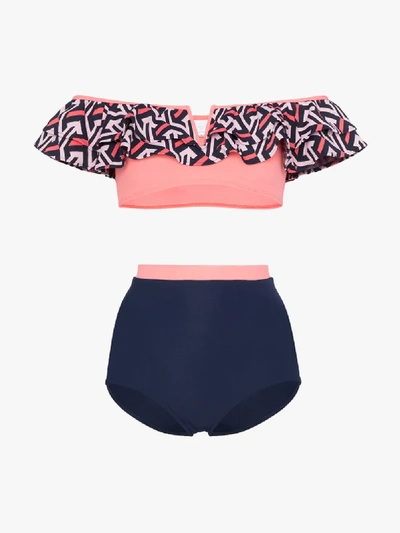 Shop Flagpole Diana High-waisted Ruffle Bandeau Bikini In Navy Flamingo