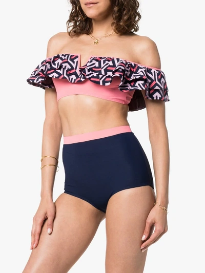 Shop Flagpole Diana High-waisted Ruffle Bandeau Bikini In Navy Flamingo