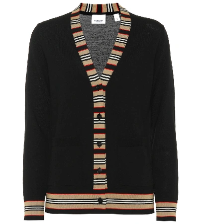 Shop Burberry Icon Stripe Wool Cardigan In Black