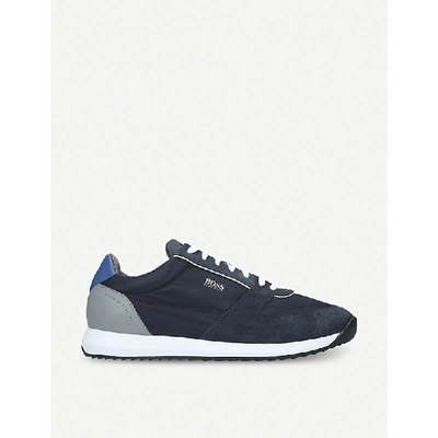 Shop Hugo Boss Parkour Mesh And Suede Trainers In Navy
