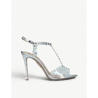 Shop Aquazzura Shine 105 Crystal-embellished Metallic-leather And Pvc Heeled Sandals In Silver