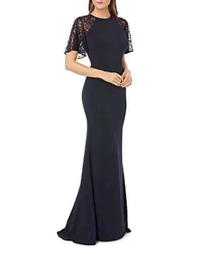 Shop Carmen Marc Valvo Sequined Lace Flutter Sleeve Gown In Midnight