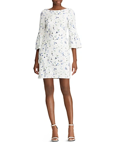 Shop Ralph Lauren Lauren  Floral Bell-sleeve Dress In Mascarpone Cream/blue