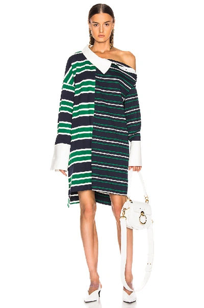 Shop Monse Striped Shifted Rugby Dress In Multi In Navy  Green & Ivory