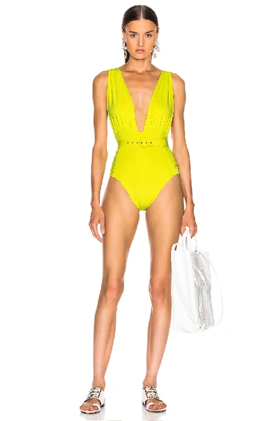 Shop Nicholas Plunge Ruched Swimsuit In Fluorescent Lime