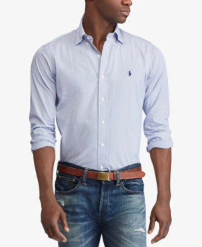 Shop Polo Ralph Lauren Men's Slim Fit Hairline Stripe Poplin Shirt In Blue/white Hairline Stripe