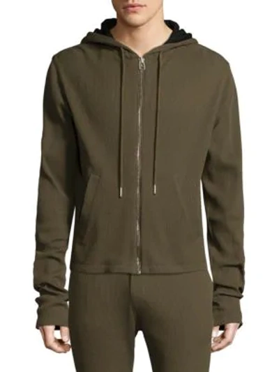 Shop Helmut Lang Waffle-knit Cotton Zip-up Hoodie In Army