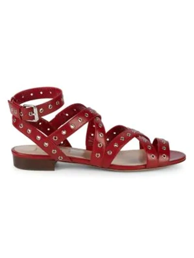 Shop Valentino Grommet Leather Flat Sandals In Rosso