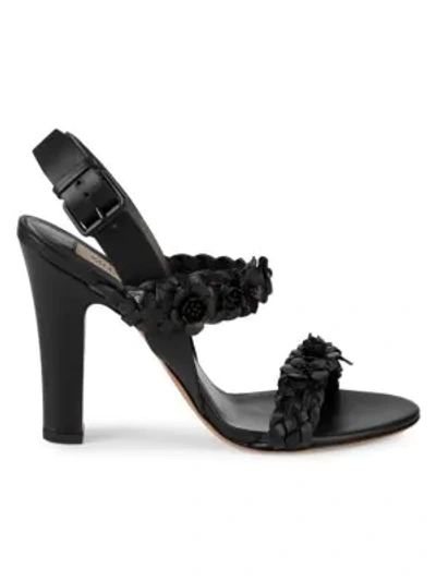 Shop Valentino Flower Leather Slingback Sandals In Nero