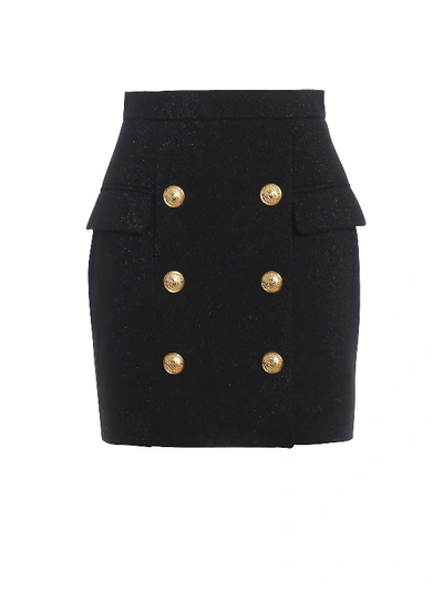 Shop Balmain Glittering Wool Black Mini Skirt