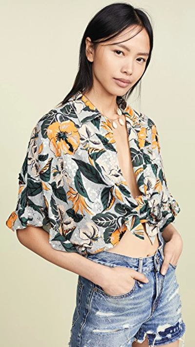 Shop R13 Front Tie Hawaiian Shirt In Pale Blue Floral With Beading