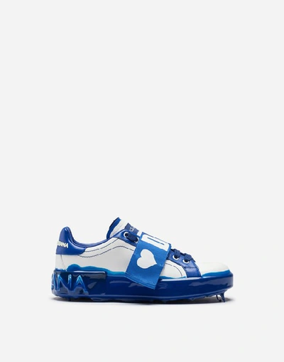 Shop Dolce & Gabbana Portofino Melt Sneakers In Nappa Calfskin In White/blue
