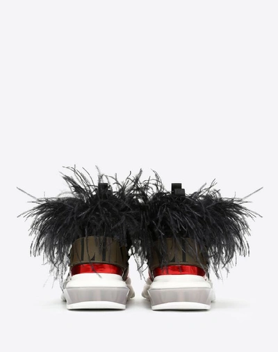 Shop Valentino Garavani Uomo Bounce Sneaker With Vltn Logo And Removable Feathers In Military Green