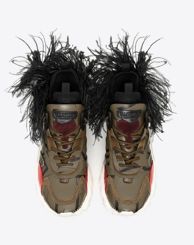 Shop Valentino Garavani Uomo Bounce Sneaker With Vltn Logo And Removable Feathers In Military Green