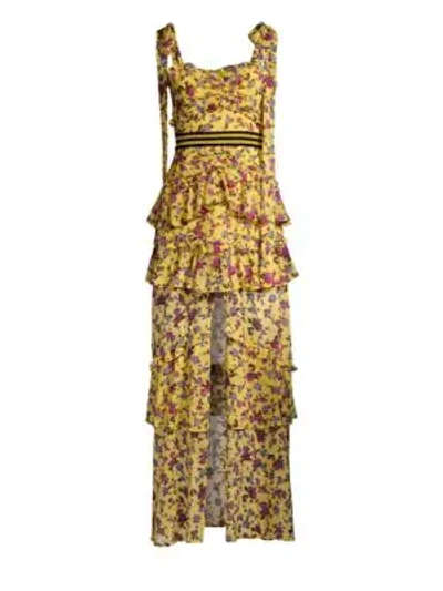 Shop For Love & Lemons Mason Floral Tiered Chiffon Maxi Dress In Yellow