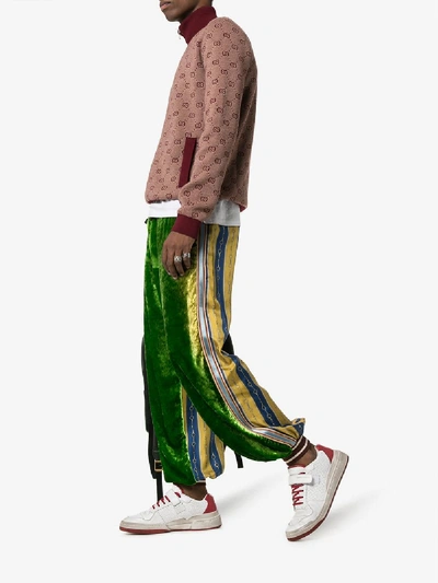 Shop Gucci Contrast Panel Loose-fit Velvet Track Pants In Green
