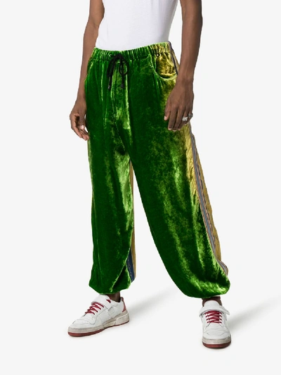 Shop Gucci Contrast Panel Loose-fit Velvet Track Pants In Green