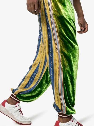 Shop Gucci Contrast Panel Loose-fit Velvet Track Pants In Green