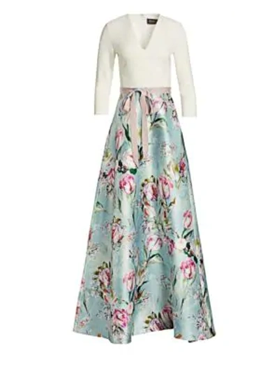 Shop Theia Women's V-neck Floral Skirt Gown In Sage Multi