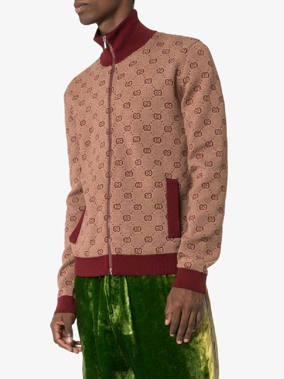 Shop Gucci High-neck Gg Print Knitted Bomber Jacket In 9192 Bordeaux