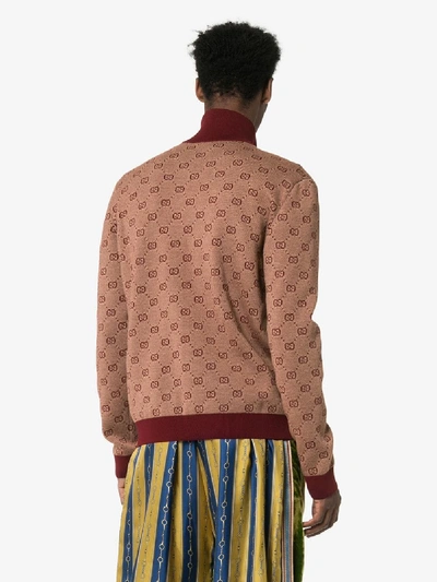 Shop Gucci High-neck Gg Print Knitted Bomber Jacket In 9192 Bordeaux
