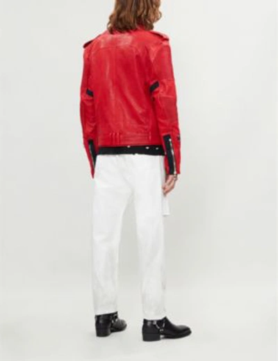 Shop Balmain Asymmetric Leather Jacket In Rouge
