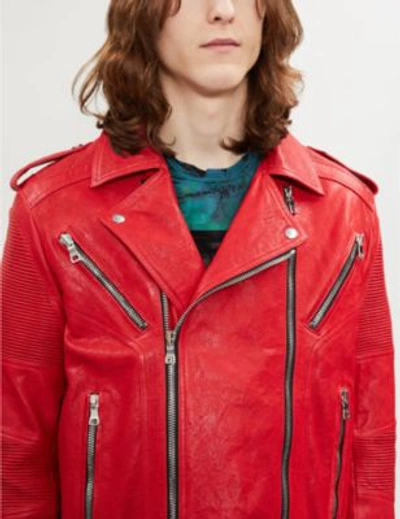 Shop Balmain Asymmetric Leather Jacket In Rouge