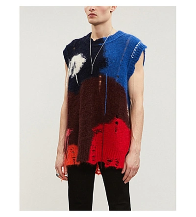 Shop Alexander Mcqueen Distressed Sleeveless Mohair-blend Jumper In Bordeaux/red/navy