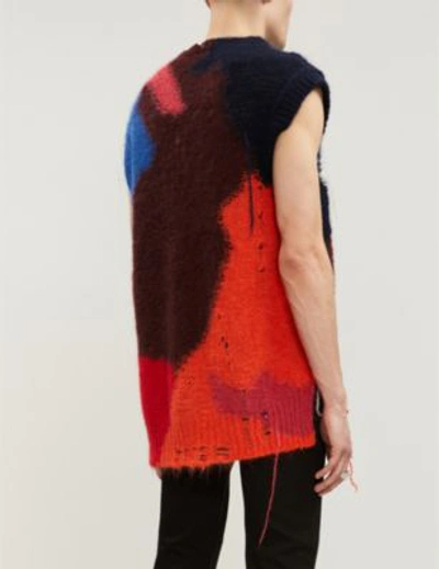 Shop Alexander Mcqueen Distressed Sleeveless Mohair-blend Jumper In Bordeaux/red/navy